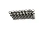 Eight silver-coloured titanium pivot balls arranged in a row against a white background.