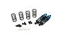 A set of two blue and brown aluminium RC shock absorbers with extra springs, mounting hardware, and spacers on a white background.