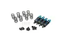 A set of four blue aluminium RC shock absorbers with extra springs, plastic spacers, and mounting hardware on a white background.