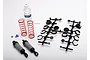 Traxxas Ultra Shock kit including two grey shock bodies, red springs, silicone oil, and a plastic parts tree on a white background.