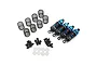 A set of four blue anodized aluminium RC shock absorbers with extra springs, mounting hardware, and plastic pistons on a white background.