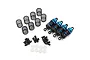 A set of four blue aluminium RC shock absorbers with extra springs, mounting hardware, and plastic spacers on a white background.