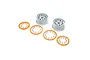 Two silver RC car rims with four orange beadlock rings and sets of mounting screws on a white background.