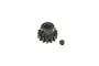 A black steel 14-tooth pinion gear with a grub screw, isolated on a white background.