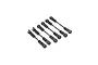A set of six metal turnbuckles with black plastic rod ends arranged diagonally on a white background.
