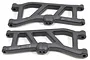 Two black RPM front lower suspension arms for RC vehicles, shown from a top-down perspective on a white background.