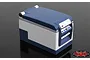 A 1/10 scale RC4WD ARB fridge freezer model in blue and white, featuring a digital display and ARB branding on a dark reflective surface.
