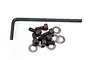 A set of six black metal cap head screws, six silver metal washers, and one L-shaped Allen key on a white background.