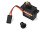 Spektrum SX107 micro servo with black plastic casing, brass output gear, and a three-pin connector, shown with a separate black plastic servo horn.