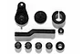 A collection of black plastic servo horns and associated mounting hardware for Tamiya RC vehicles.