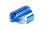 A blue anodized aluminium motor heat sink for RC cars, featuring a curved design with cooling fins.