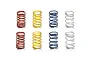 A set of eight Tamiya RC on-road tuned springs arranged in two rows, featuring red, yellow, blue, and white color-coded pairs.