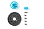 Tamiya TT-02 high speed spur gear set including a black plastic gear, blue aluminium mount, spacer, pin, and four screws on a white background.