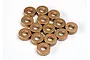 A collection of fourteen small, cylindrical bronze-colored Oilite bushings arranged on a white background.