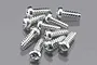 A cluster of ten silver-coloured metal button head self-tapping screws on a reflective grey surface.