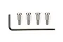 Four silver Tamiya 3x14mm low friction step screws arranged in a row above a black L-shaped hex wrench on a white background.