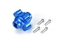 A blue anodized aluminium differential locker spool for Tamiya TT-02 RC cars, shown with four silver metal screws on a white background.