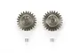 Two Tamiya pinion gears, one 24T and one 25T, with two small grub screws on a white background.