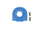 A blue anodized aluminium motor mount for Tamiya TT-02 RC cars, featuring gear mesh adjustment holes labeled 16 to 20, alongside two mounting screws.