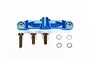 A blue anodized aluminium steering ackerman plate for Tamiya TT-02 with included bearings, screws, and washers on a white background.