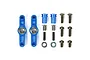 Tamiya TT-02 blue aluminium steering rack set including two blue steering arms with bearings, metal spacers, screws, and washers on a white background.