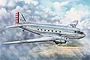 An artistic illustration of a silver C-48C Skytrain transport aircraft flying above a landscape with clouds.