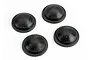 Four black circular silicone shock diaphragms for RC car shocks arranged on a white background.