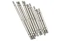 A set of ten stainless steel suspension linkage rods for an RC car, arranged diagonally on a white background.