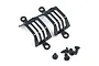 A pair of black metal front lamp guards for an RC crawler, accompanied by four small black mounting screws on a white background.