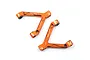 Two orange anodized aluminium Y-shaped RC suspension arms with white branding logos on a white background.