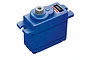 A Traxxas 2080 micro waterproof servo with a blue plastic case and a white plastic splined output gear.
