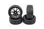 A set of four Yeah Racing 1.9 inch on-road RC car wheels with black multi-spoke rims and treaded rubber tyres arranged in a stack.