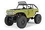 Axial SCX24 Deadbolt 1/24 scale RC rock crawler in olive green, featuring a roll cage, driver figure, and off-road tires on a white background.