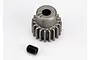A metal 19-tooth pinion gear and a small black grub screw on a white background.