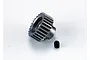 A silver metal pinion gear with a small black grub screw placed on a white background.