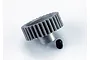 A silver metal pinion gear with a small black grub screw sitting on a white background.