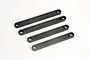 Four black plastic RC suspension linkages arranged diagonally on a white background.
