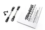 Two Traxxas turnbuckles with black rod ends and two black screws next to an instruction manual on a white background.