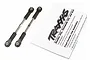 Two Traxxas 75mm complete turnbuckles with black plastic rod ends and metal shafts, shown next to an instruction sheet.