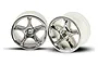 Two Traxxas 2.2 inch Tracer chrome wheels for RC cars, featuring a five-spoke design with white inner barrels.