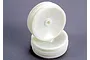 Two white 2.2-inch dished RC buggy wheels stacked on a grey surface.
