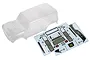 Clear unpainted polycarbonate body shell for an Axial SCX24 Jeep Wrangler JLU, shown with two included decal sheets on a white background.