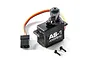 Axial AS-1 micro servo for RC vehicles with a black plastic case, servo horn, wiring harness, and two small mounting screws on a white background.