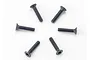 A set of six black metal countersunk screws arranged in a circle on a white background.