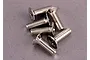 A small pile of six silver-coloured metal countersunk machine screws with Phillips heads.