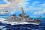 An artistic illustration of a JMSDF Murasame-class destroyer at sea with a helicopter flying nearby.