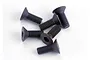 A cluster of five black metal countersunk screws with hexagonal drive heads on a white background.
