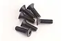 A group of six black metal countersunk head screws with hex drive sockets, arranged on a plain white background.