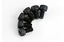 A set of six black metal cap head screws arranged in a semi-circle on a white background.