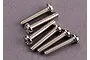 A set of six silver-coloured metal binder head screws arranged in a cluster on a grey textured surface.